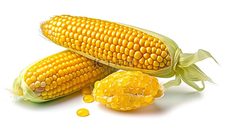 白色玻璃背景上玉米的真实 3D
