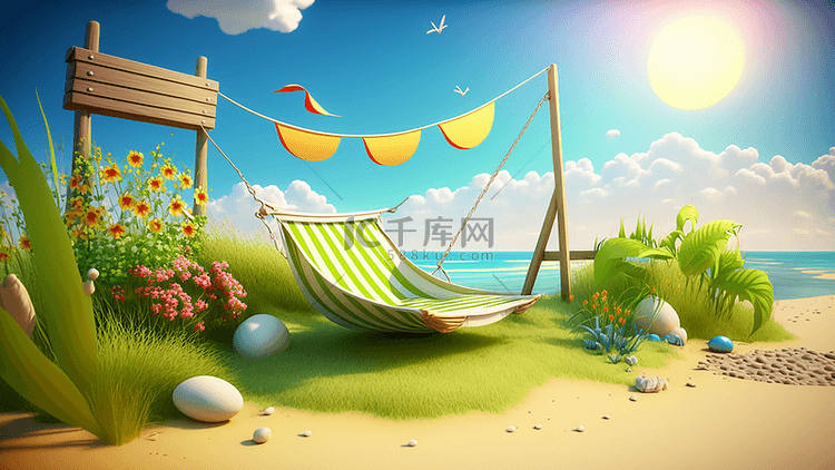 夏天沙滩吊椅植物太阳