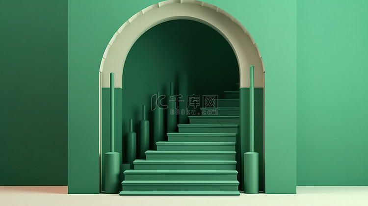 绿色 3D 渲染，具有几何楼梯