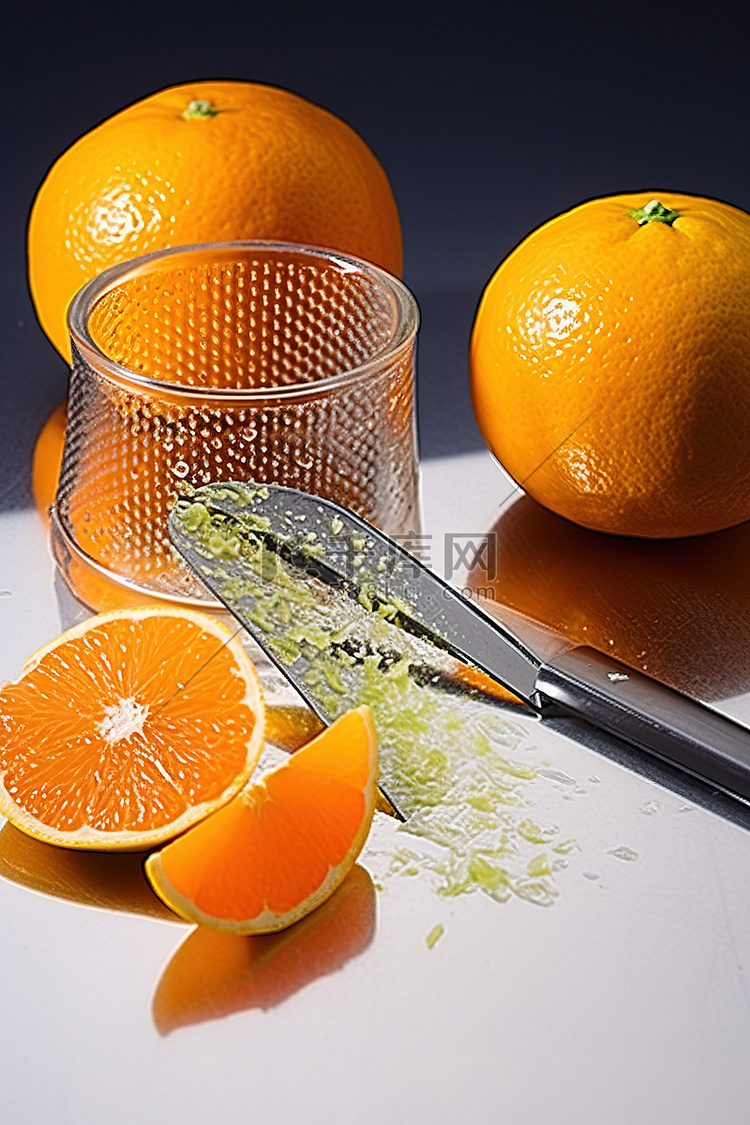 两片橙子，一个橙子切片机和一个
