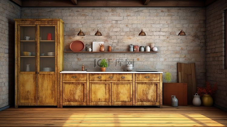 硬木地板上老式木制厨柜的复古照