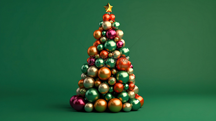 绿色背景下充满活力的球圣诞树 