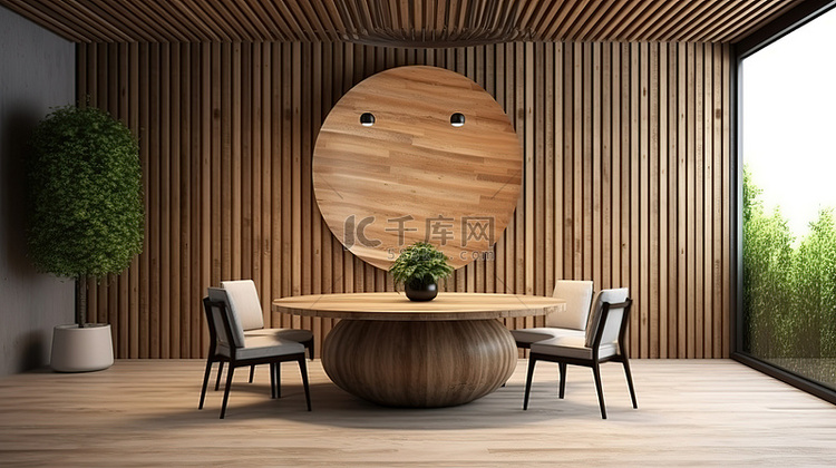 室内设计中挂在板条木墙上的圆桌