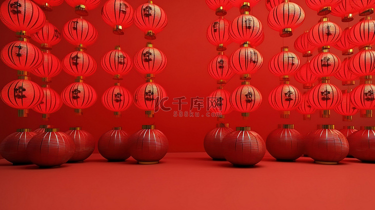 红色背景下的 3D 渲染中国灯笼