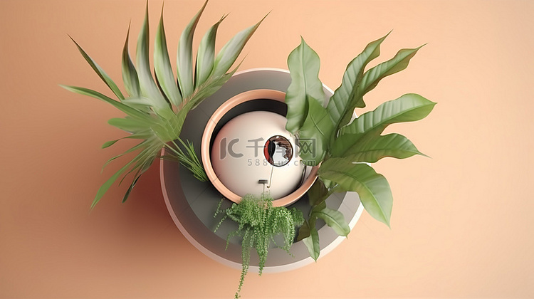 3D 插图中现代盆栽室内植物的