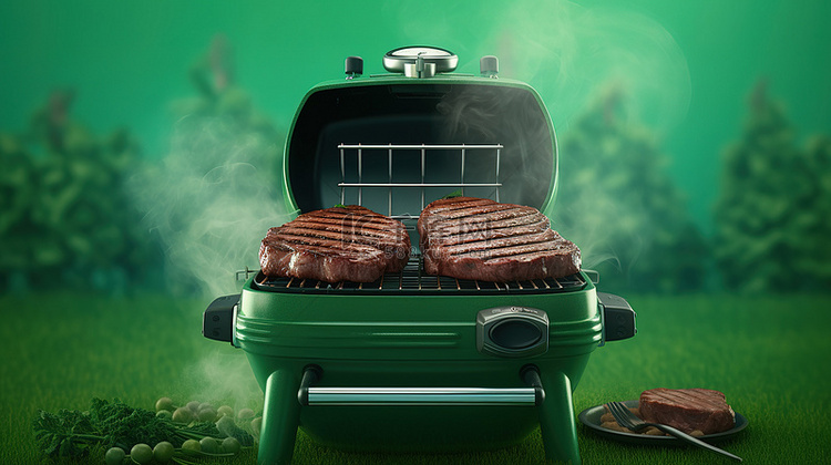 绿色烤架上的铁板牛排，带有烟熏