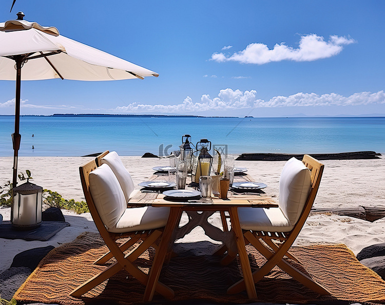 蓝色大海旁的海滩上设有桌椅的户