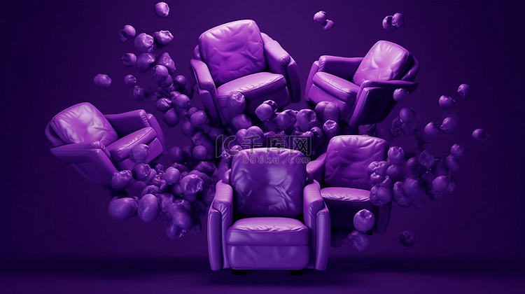 一组飞行紫色扶手椅的抽象 3D