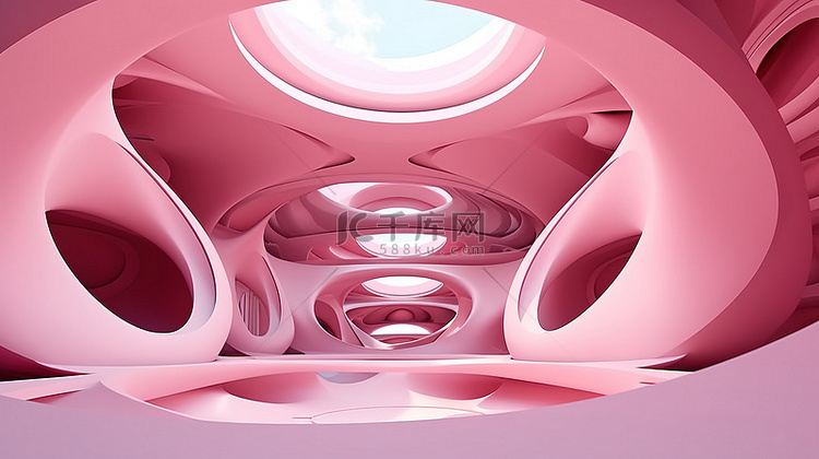 3D 渲染建筑弧形粉红色圆形建