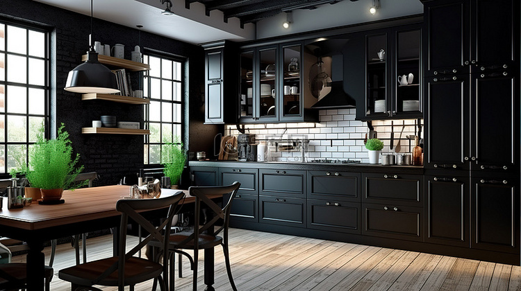 复古现代厨房设计，采用经典黑色