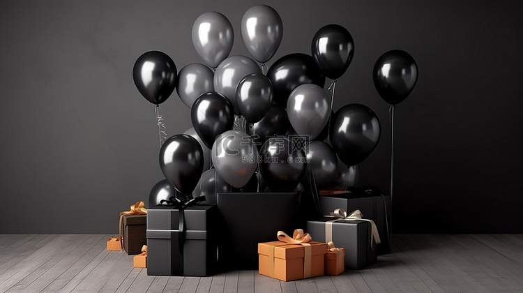 3d 渲染的气球和礼品盒黑色星