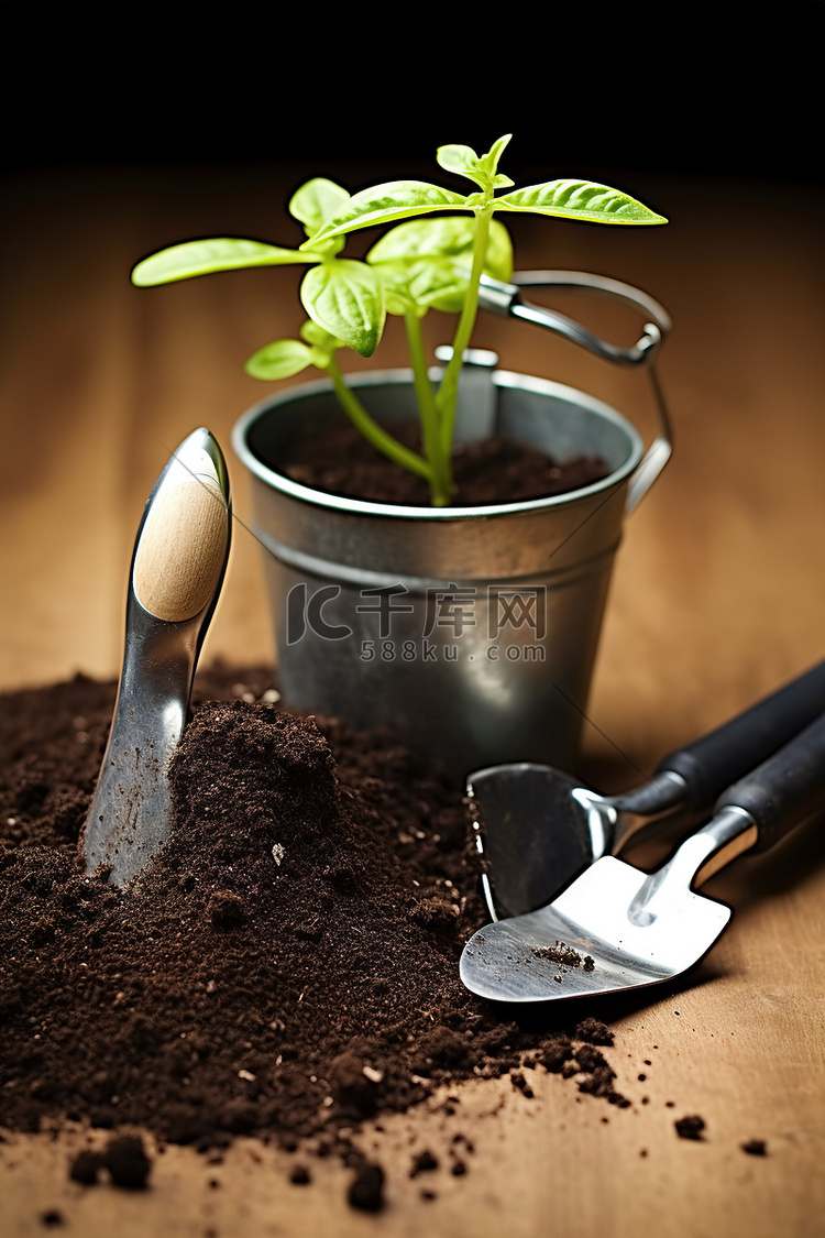 在花盆旁边种植种子和工具