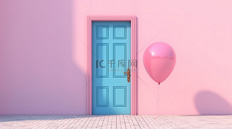 阳光照射的蓝色门，粉红色背景，