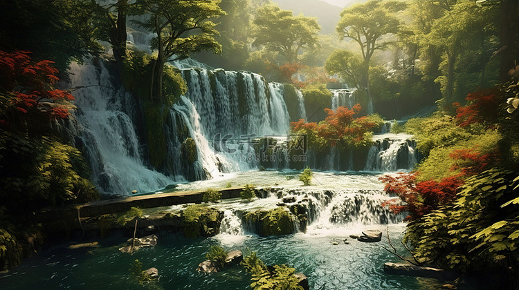森林中雄伟的瀑布的 3D 插图