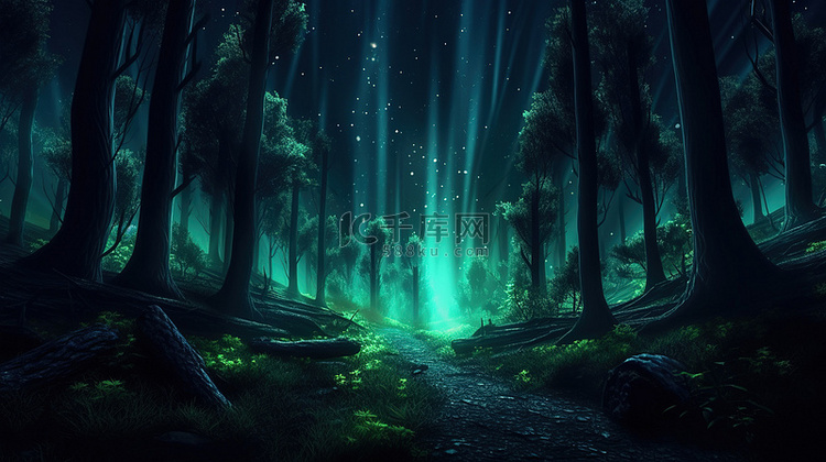 魔法森林在夜间照亮树干