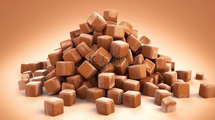 红糖覆盖的方形巧克力糖的 3D