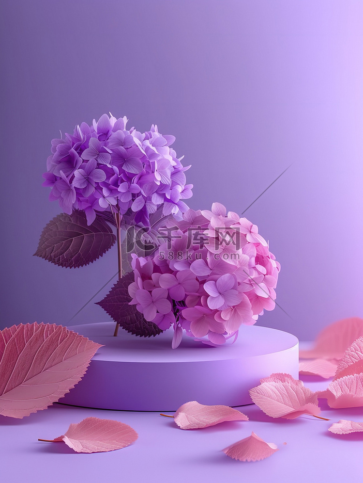 粉色绣球花紫色电商场景背景图