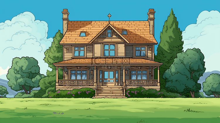 云朵草坪可爱的房子插画
