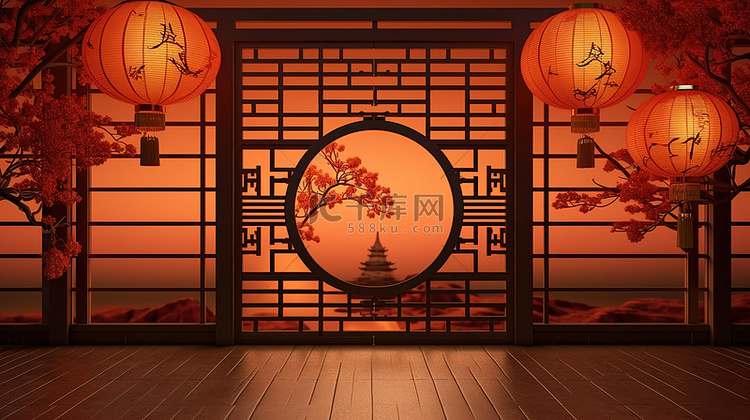 中秋节场景中国灯笼和门的 3D