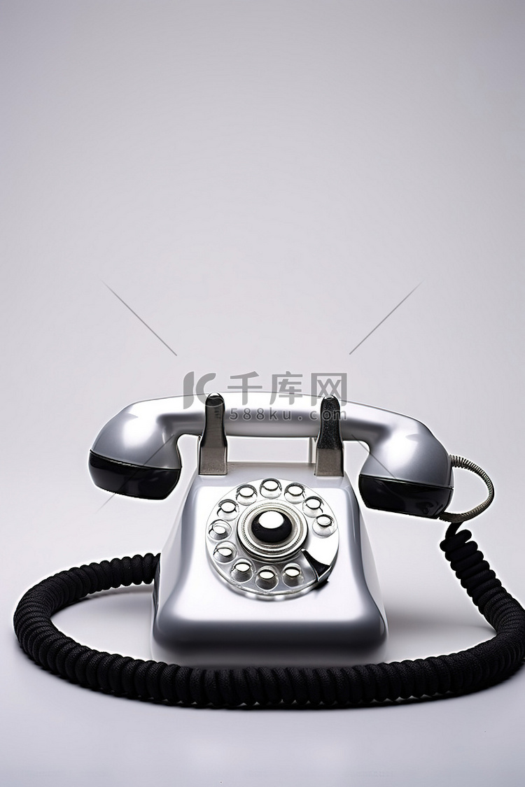 银色模拟电话，铃上有一根黑线
