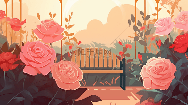玫瑰花园躺椅植物花卉装饰图案背