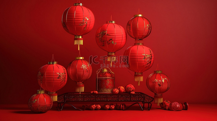红色背景下 3D 渲染的中国灯笼