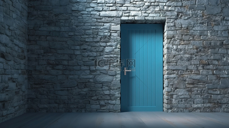带 3D 渲染蓝色敞开门的石砖墙