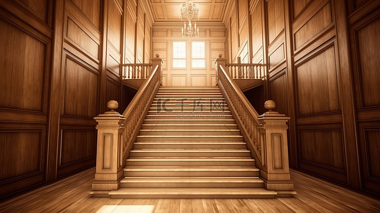 室内走廊永恒木楼​​梯的 3D