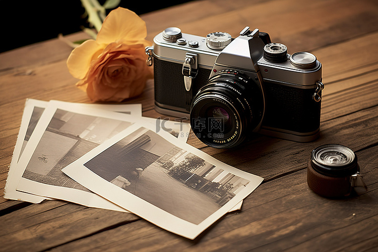 桌上放着一台旧相机和照片