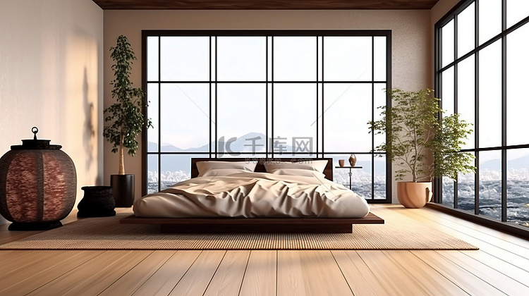 日本风格的卧室，铺有木地板，背