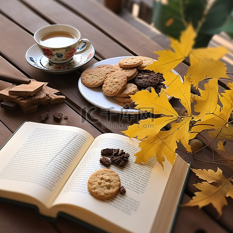 木桌上有一些小吃一本书饼干和咖