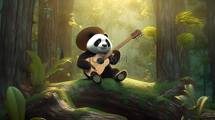 熊猫音乐家 3d 渲染吉他弹奏