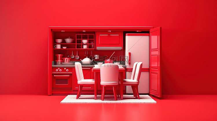 红色主题厨房，配有单色 3d 