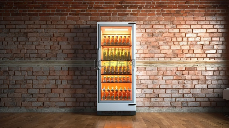 玻璃门冰箱中的饮料对砖墙 3D