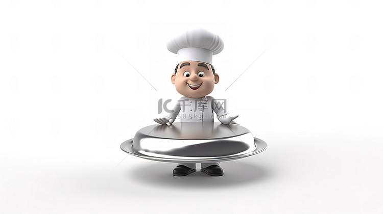 卡通风格的厨师在银托盘上展示一