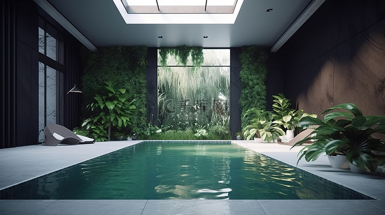 带游泳池的美丽室内花园的 3d