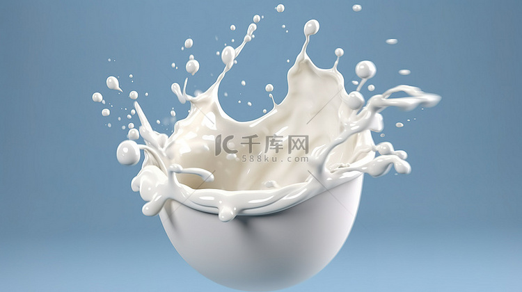 牛奶和酸奶在 3D 插图中爆裂