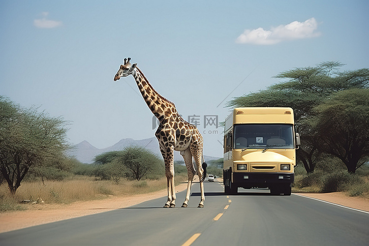 一辆卡车在路上行驶，一只长颈鹿