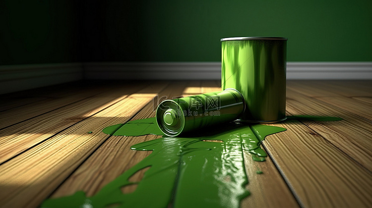 绿色油漆从罐子里倒到木地板上，