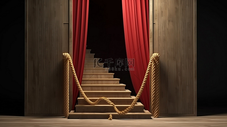 一扇带红色窗帘和混凝土楼梯的木