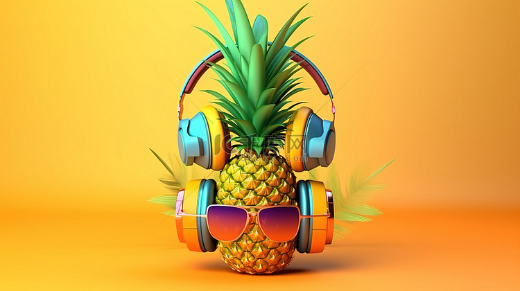 戴着墨镜和耳机的菠萝的热带氛围