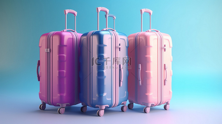 背景上彩色 3D 手提箱或行李