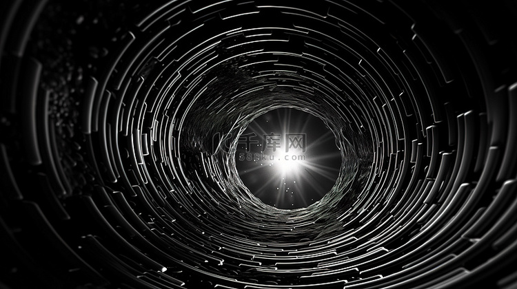 未来太空隧道中黑色线框表面的 