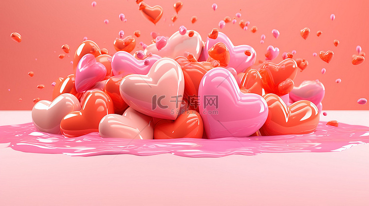 3d 渲染彩色心层叠成粉红色瀑布