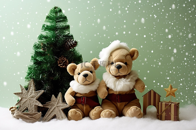 两只泰迪熊坐在圣诞节场景附近的
