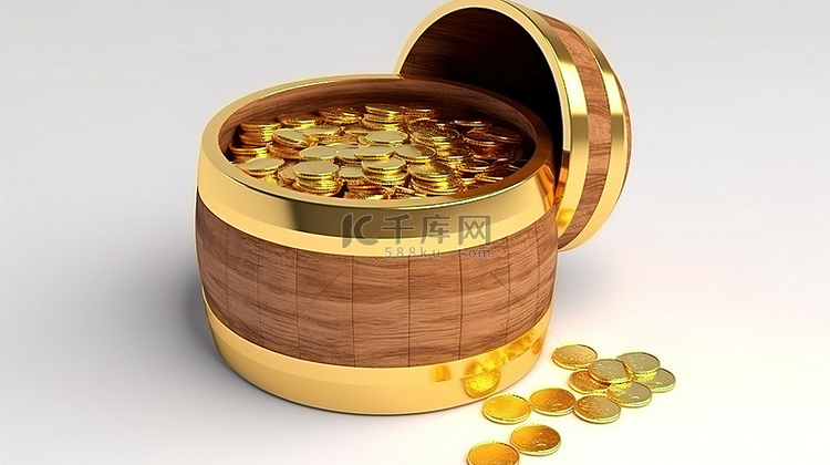 装满金币的桶的 3D 渲染