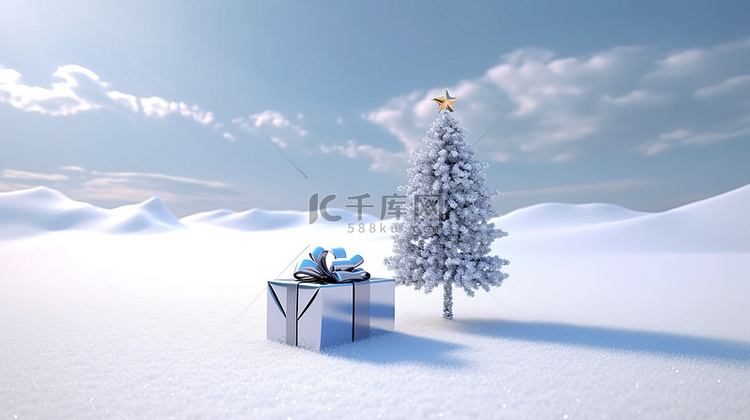 节日圣诞树和 3d 雪景上的礼物