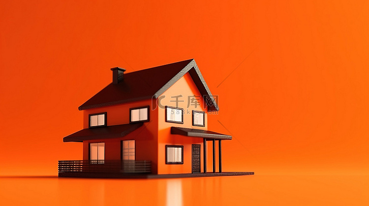 橙色背景下单色房屋模型的 3D