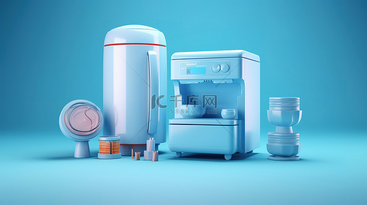 蓝色背景上搅拌机和冰箱的 3D