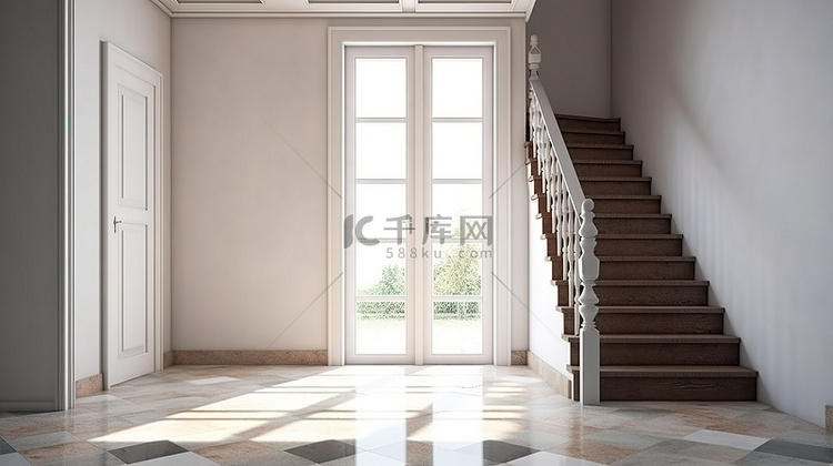 家庭或公寓入口和楼梯的 3D 渲染